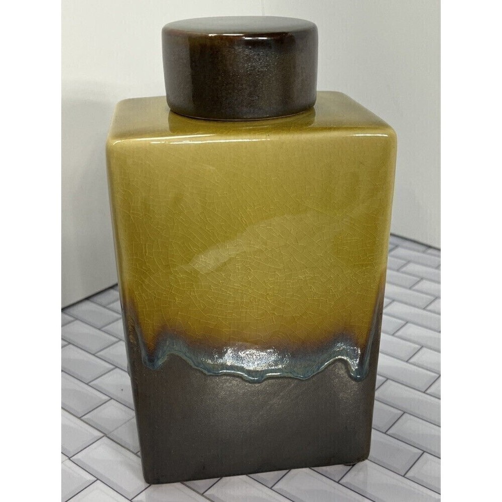 Modern Ceramic Pottery Square Canister W/ Lid Drip Glaze Contemporary Signed